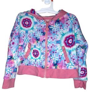 Desigual Girls Reversible Hoodie Size 3/4 (110/56) Tie Dye / Pink Striped Sequin